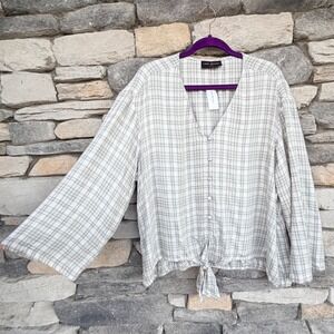 Lane Bryant Plus Size 18 Plaid Button Front Tie Hem Blouse Gray White NWt
